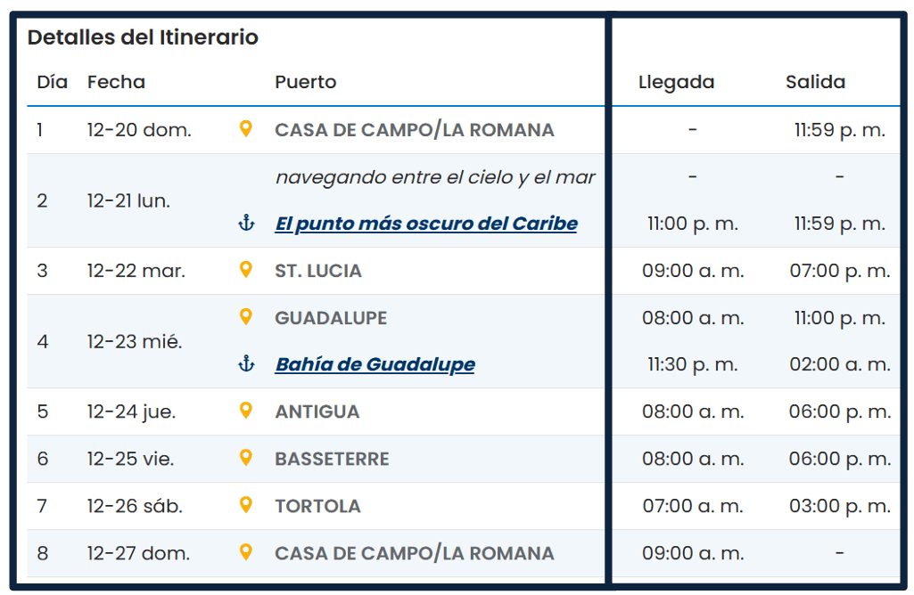 Itinerario Crucero COSTA - 20 DIC-2026