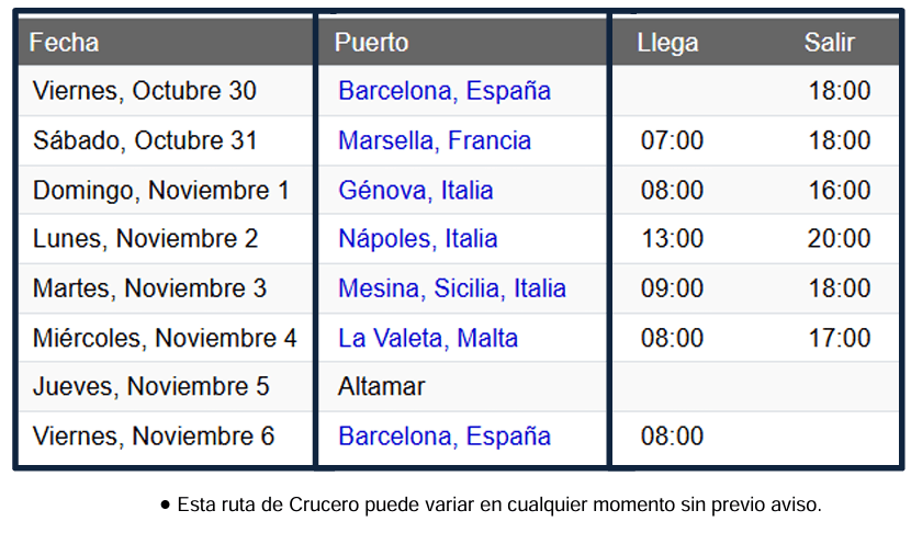 Itinerario MSC - 30 OCT-26